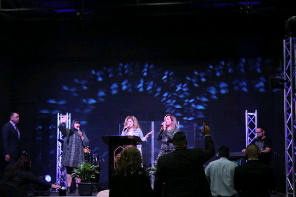 building entrance with neon backlit walls